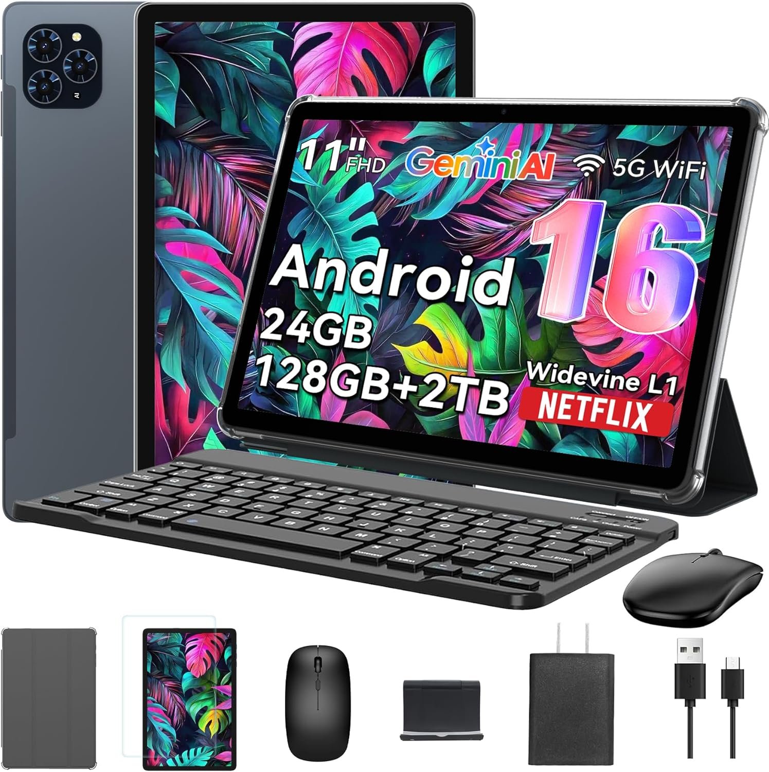 Tablet 2026 Android 16 Tablet with Gemini AI 3.5, 11 Inch FHD Display, 24GB RAM 128GB ROM/2TB TF, T7250 CPU + 13MP Camera, 8000mAh, Widevine L1, Tablet with Keyboard, Mouse, Gray, for Work and Study