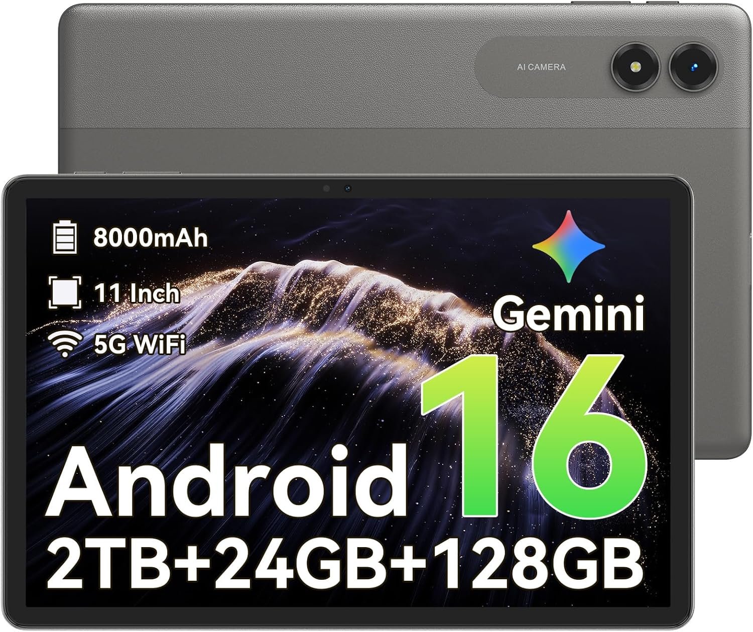 TABWEE T50 Android Tablet 11 Inch, Android 16 Tablet with Gemini AI, 6GB RAM + 18GB Virtual Memory, 128GB Storage, 8000mAh Battery, 90Hz Display, WiFi Tablet for Streaming, Study and Travel, Gray
