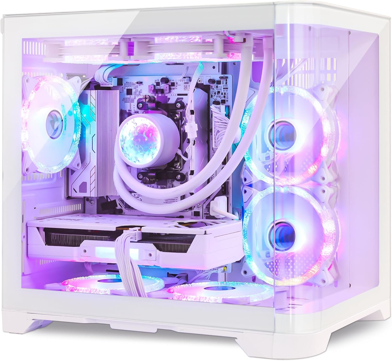 Poseidon Prebuilt Gaming PC Desktop, 32GB DDR5 6000MHz, AMD Ryzen 5 9600X, RTX 5060 8G, 1TB PCIe SSD, 650W PSU, Water Cooling & 7 ARGB Fans, High-end Tower Computer for Gamer, Home and Office- White