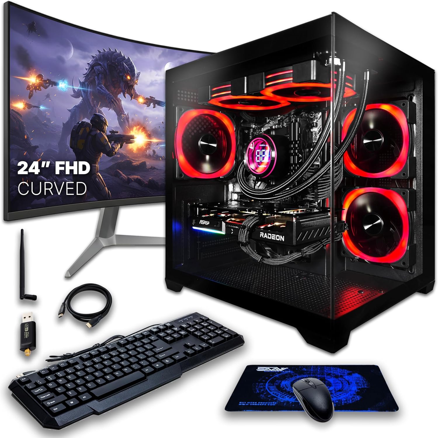 SAAV CORE Prebuilt Gaming PC Bundle Desktop Tower AMD Ryzen 5 5500 GeForce RTX 3050 6GB GDDR6 Curved 24in Monitor 32GB DDR4 1TB NVMe WiFi 6 Windows 11 AIO Liquid Cooled Computer PC Gaming Black