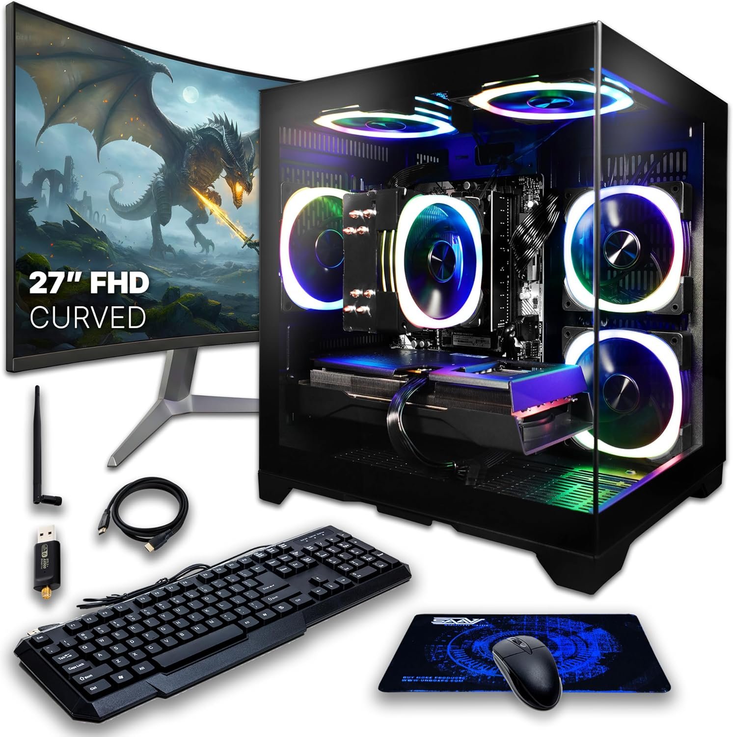 SAAV CORE Prebuilt Gaming PC Bundle Desktop Tower AMD Ryzen 5 5500 GeForce RTX 3050 6GB GDDR6 Curved 27in Monitor 16GB DDR4 512GB NVMe SSD WiFi 6 Windows 11 Black RGB Computer PC Gaming