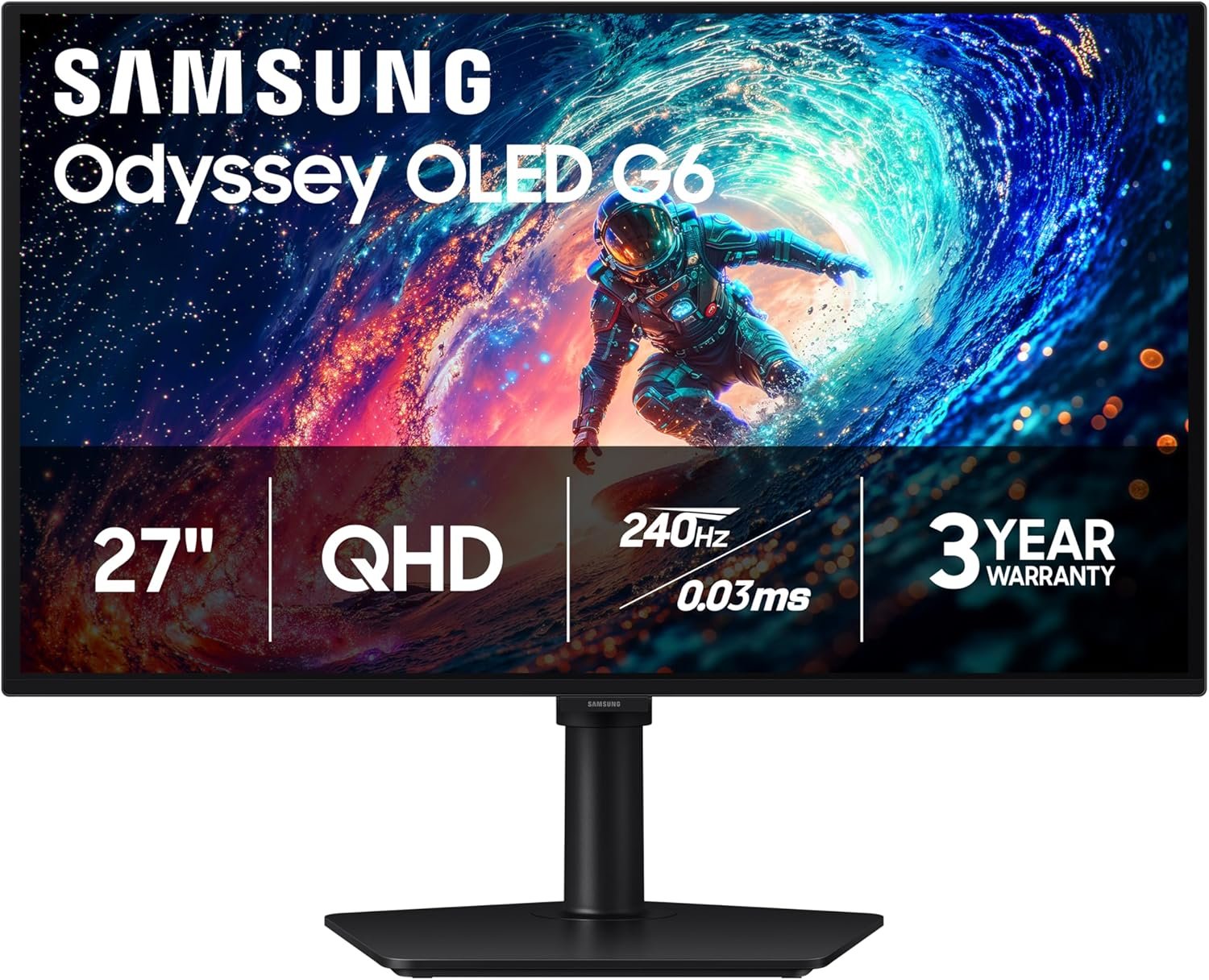 Samsung 27″ Odyssey OLED G6 (G61SH) Gaming Monitor – QD-OLED, QHD (1440P), 240Hz, 0.03ms, Glare-Free, Pantone Validated, HDR10, Height-adjustable stand, OLED Safeguard, 3 Year Warranty, LS27HG612SNXZA